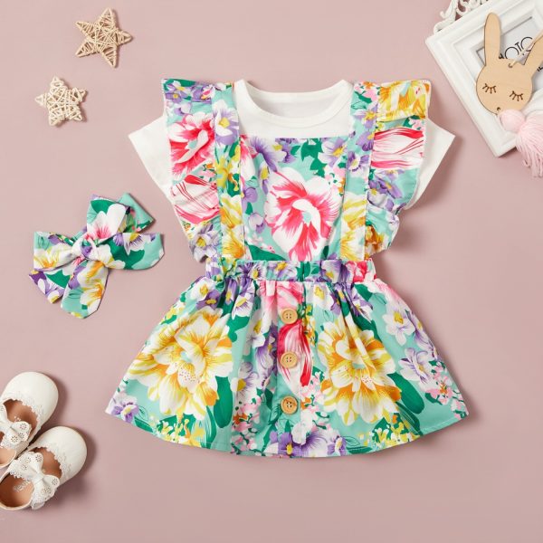 3-piece Baby Solid Top, Suspender Skirt and Headband Set